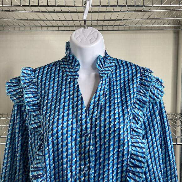 The Shirt Rochelle Behrens Blue Print Ruffled Blouse Size M Boho Fairy Victorian - Picture 8 of 12